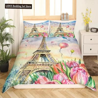 Valentine Day King Queen Duvet Cover Paris Eiffel Tower Bedding Set Pink Watercolor Tulips Flowers Balloon Polyester Quilt Cover