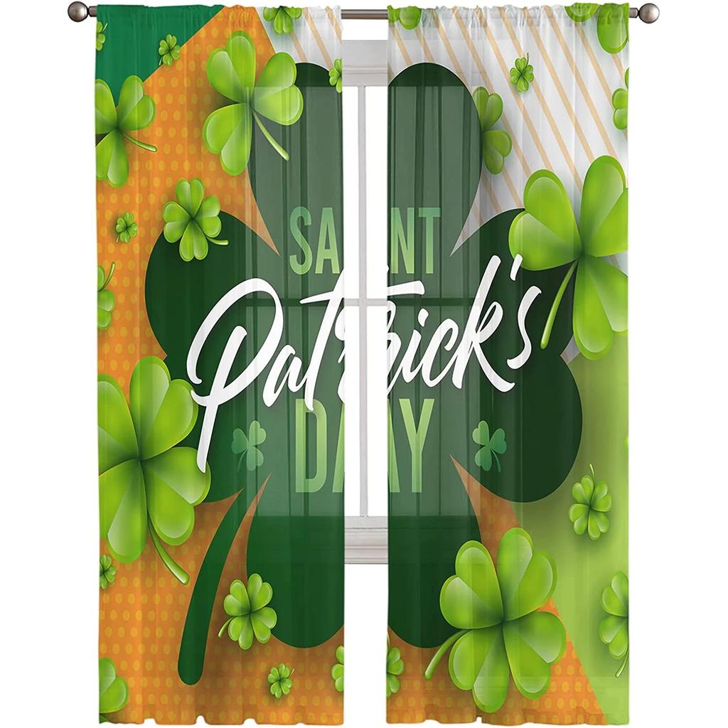 St Patrick Day Clover Lucky Leaves Voile Curtain Living Room Bedroom Kitchen Window Decor Tulle Chiffon Curtains Sheer Polyester Ideal For Area