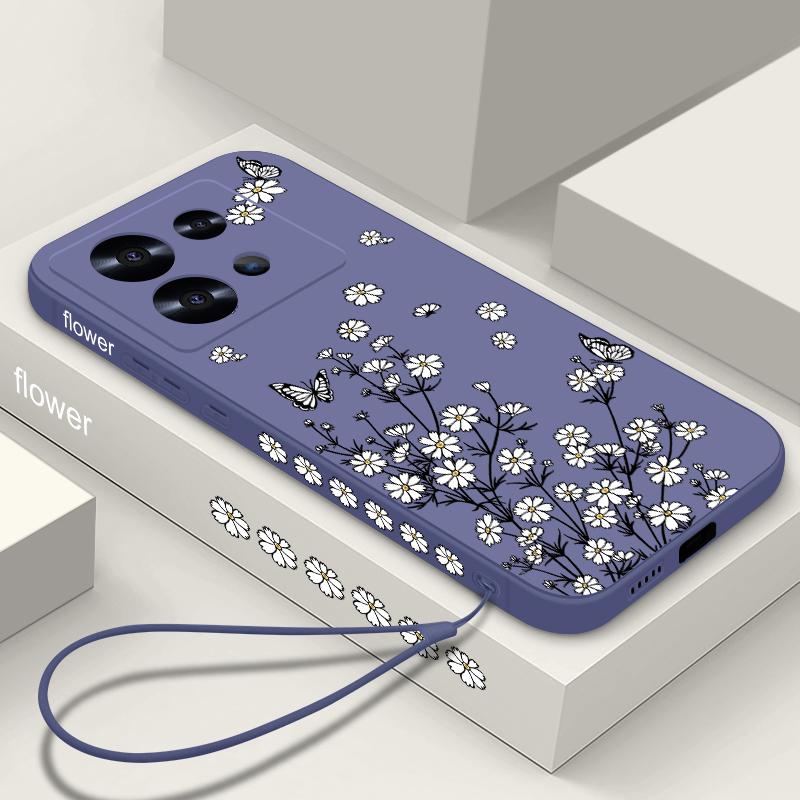 Flower Butterfly Print Myk Slim Case For Xiaomi 13T Poco X6 F6 X5 Redmi Note 13 12 11 Pro 10 Lens Beskyttelse Støtsikker Silikon lanyard telefondeksel