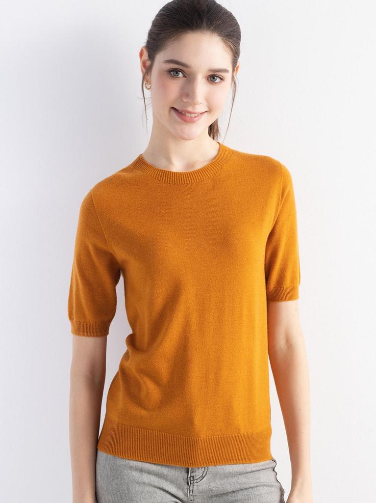 Women's Wool Knit Round Neck Short Sleeve Pullover Top