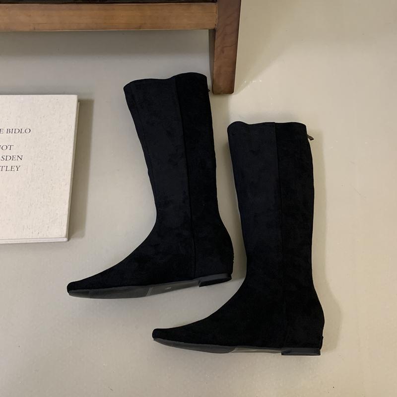 

SUOJIALUN Winter New Brand Women Long Boots Fashion Low Wedge Heel Slides Zip Ladies Casual Knee-High Boots Knight Boots 35