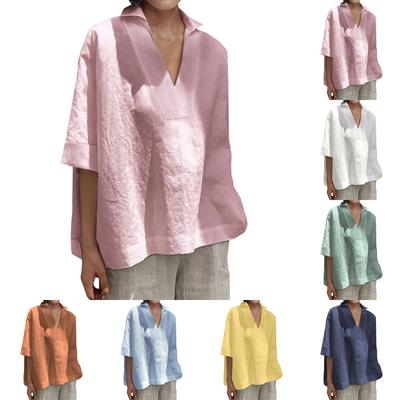 Women's V-neck Cotton Linen Versatile Color Loose Sleeved Women's Shirt