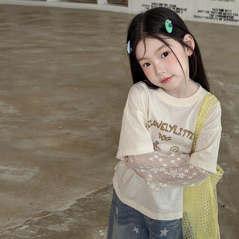 Girls Sweet Korean Style Fake Two Piece Lace Patchwork Short Sleeve T Shirt
