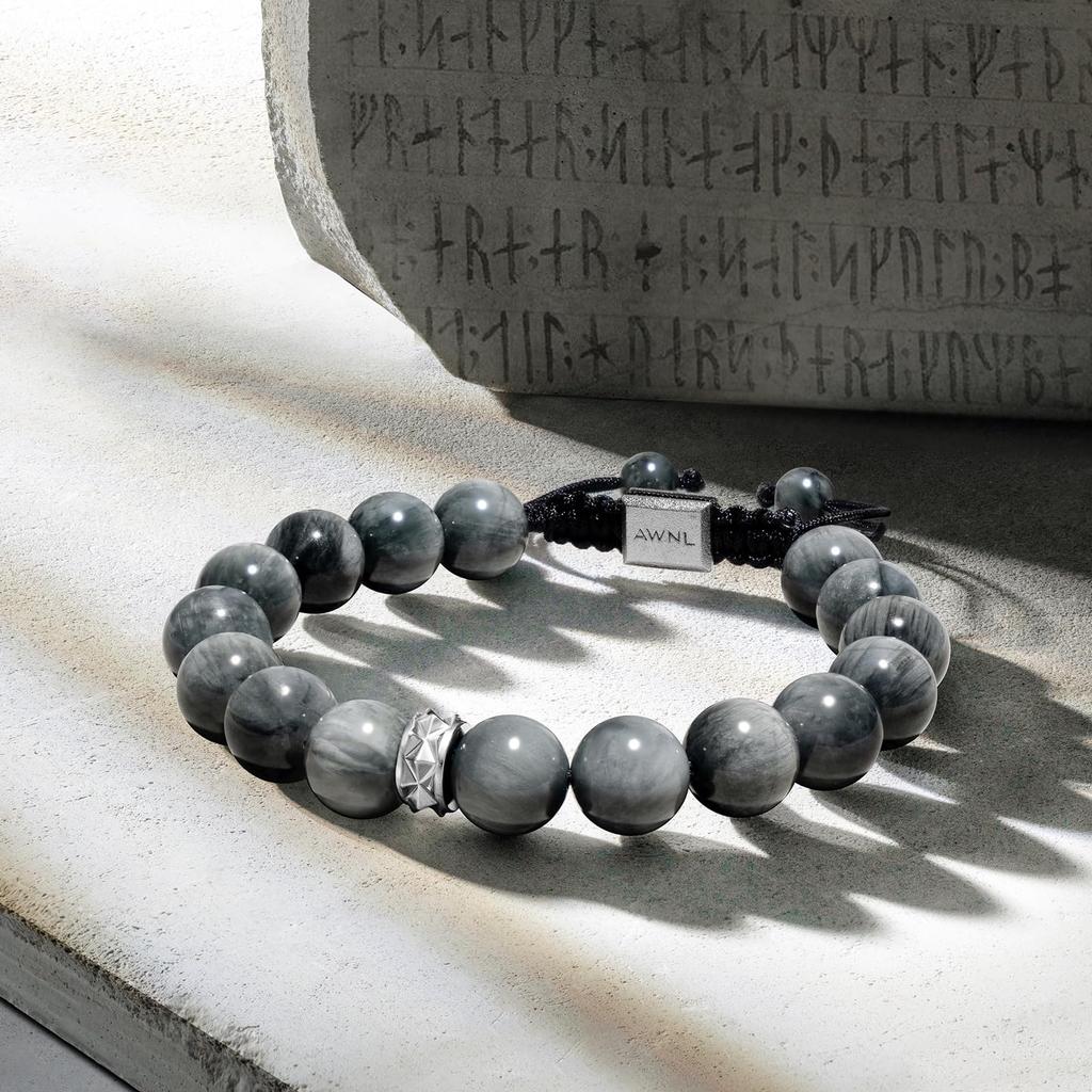 Gray Eye Beaded Bracelet for Sterling Silver with Braided Gift for Men [AWNL] Hawk's Men, Charm, Bracelet, (10mm Stone), 17.5cm-19cm