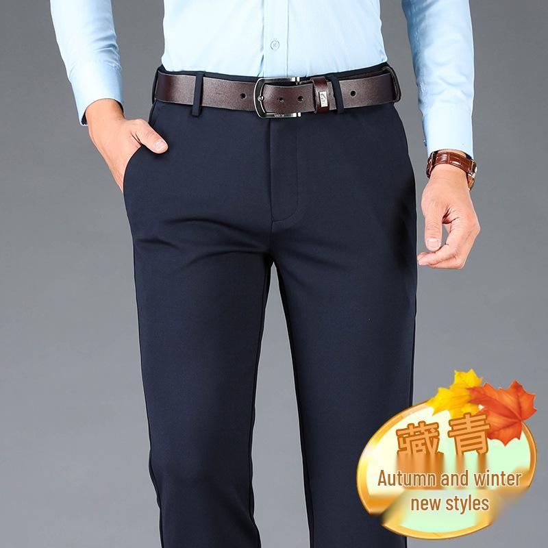 Pánské podzimní/zimní kalhoty s vysokým pasem, elastické, s rovnými nohavicemi, volné, ležérní - nežehlivé, styl středního věku