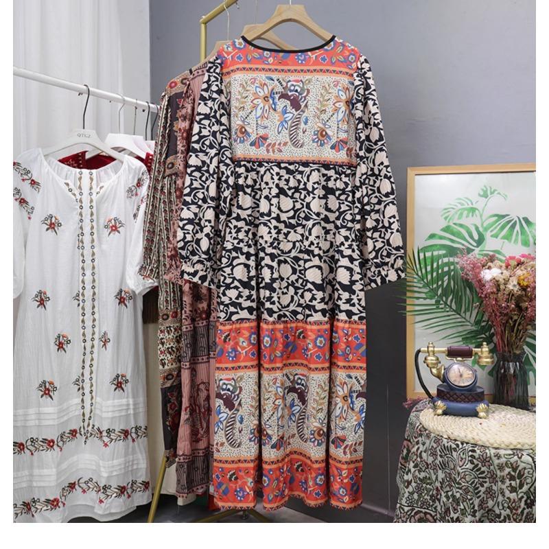 Dovolená Bohémský potisk Dlouhé šaty Jaro Podzim Retro Volné oblečení Elegantní Dlouhý rukáv Výstřih do V Šněrování Květinové Etnický styl Šaty