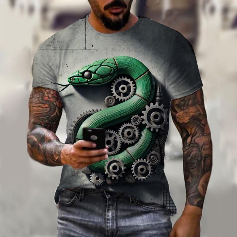 Year Of The Snake Pattern T Shirt For Men Cool Animal 3D Printed Short Sleeve Tops Summer Casual Round Neck Loose Tee Shirts