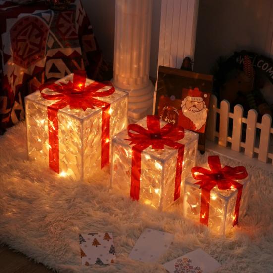 3 Stück Weihnachtsgeschenkboxen mit Beleuchtung und Schleife LED Leuchtende Geschenkboxen für Innen- und Außenbereich Zuhause Veranda Weihnachtsbaum Partydeko