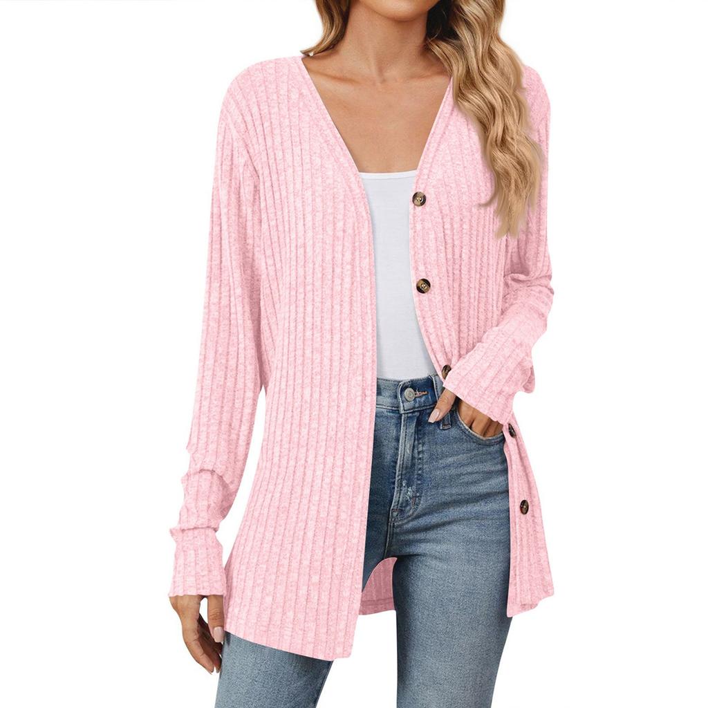 Women's Fashionable Casual Solid Color Long Sleeved Loose  Button Cardigan Jacket