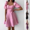 Personality Temperament Bubble Sleeve Patchwork Square Collar Zip Paragraph Solid Colour Fairy Dress Women Dresses