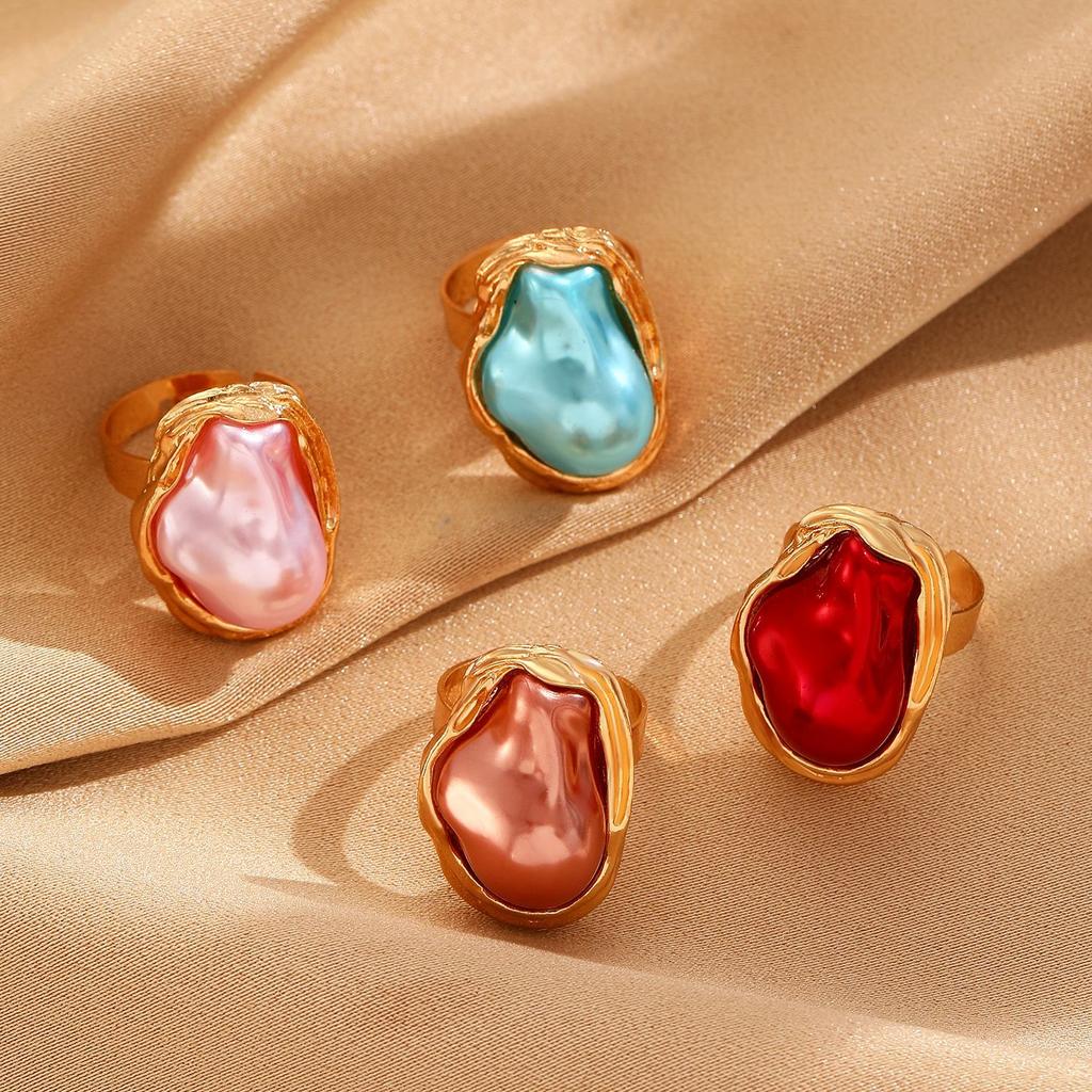 Lats Alien Irregular Baroque Imitation Pearl Open Ring For Women, Geometric High-End Feeling Finger Jewelry Fashion Accessories