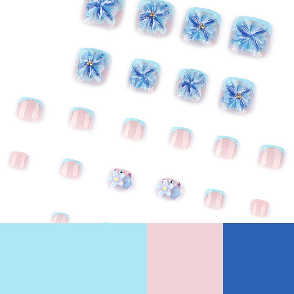 Blue 3D flower foot nail piece, hot-selling in summer, wearing nail toenail piece, French manicure toenail piece