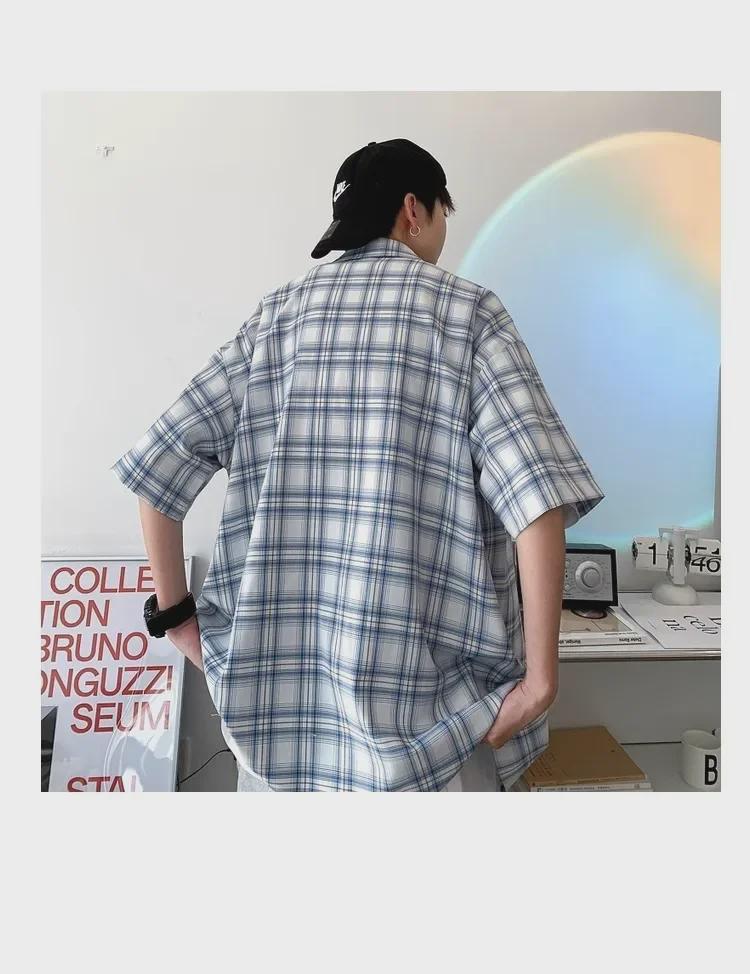 Herrskjorta Retro Gul Rutig Smal Passform Kortärmad - College Stil, Japansk-inspirerad