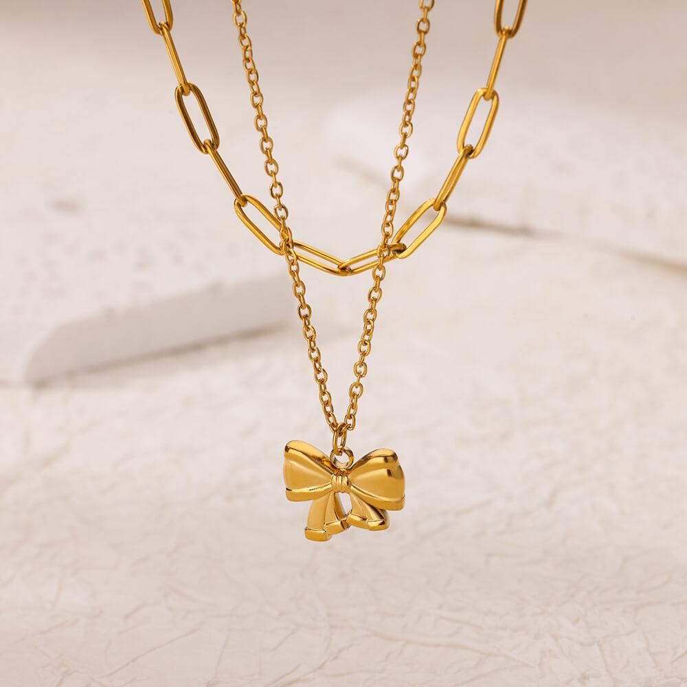 Stainless Steel Bowknot Pendant Necklace For Women Fashion Gold Color Clavicle Chain Bow Tie Necklaces Party Birthday Jewelry