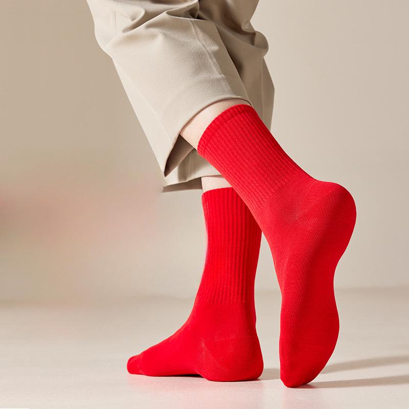 Male Spring and Autumn Pure Color Antibacterial Deodorization Moisture Absorption Perspiration Red Socks