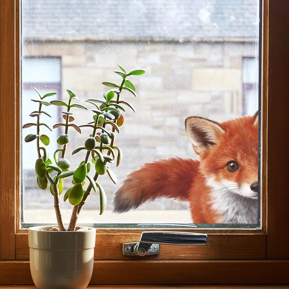 Cute Peeking Red Fox Big Tail Static Cling Wall Sticker for Bedroom Home Decor