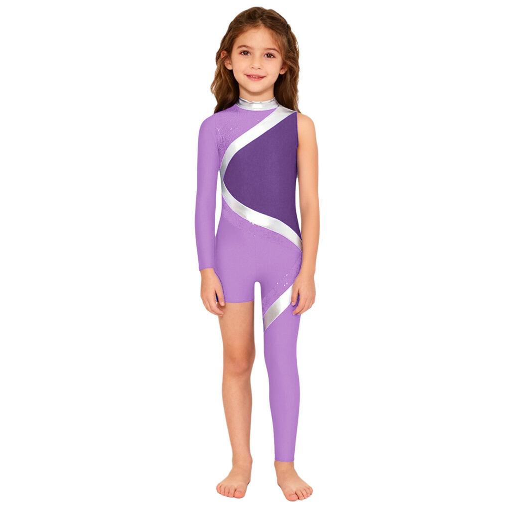 Kids Girls Stage Performance Jumpsuit: Mock Neck Shiny Sequins Color Block Asymmetrical Cut with Back Invisible Zipper