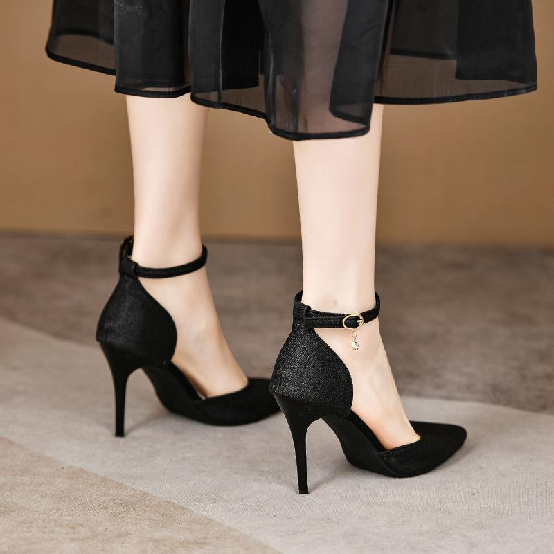 One-word Buckle High-heeled Sandals Women's Spring and Autumn New Models with Skirts, Thin-heeled Sandals, Bag Head, Hollow Single Shoes