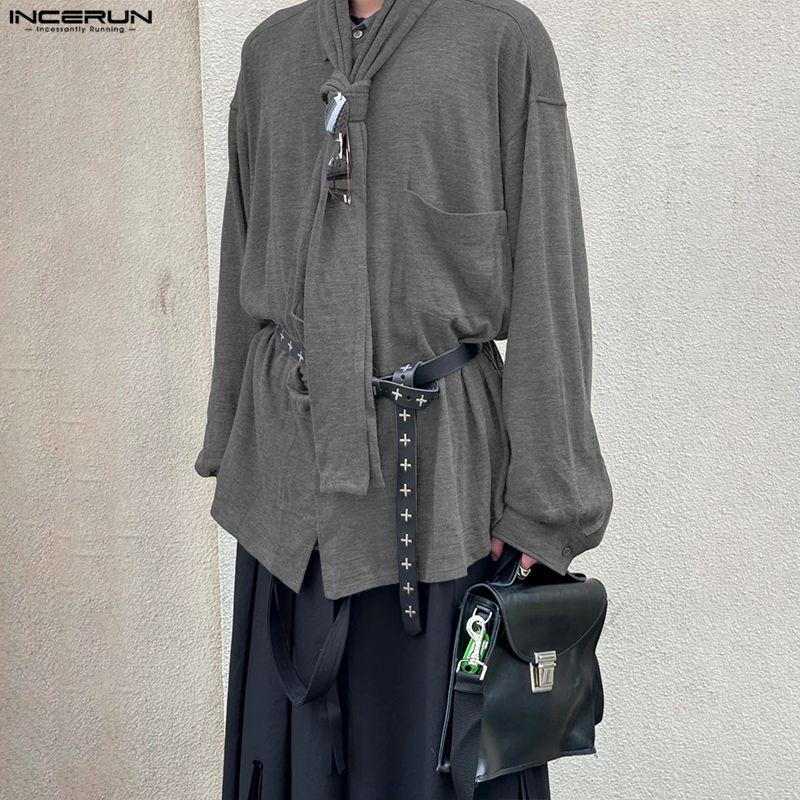 INCERUN Spring Men Tie-up Long Sleeve Casual Loose Oversized Pullover T-shirts Tops