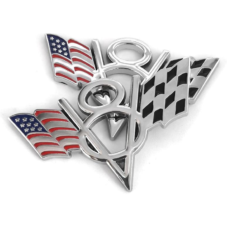 PTDecals 2 Pcs Silver Metal US Flag F1 Racing V8 Symbol Emblem Sticker Badge Vehicle Auto Car Trunk Tailgate Boot Bumper Decocation Decal