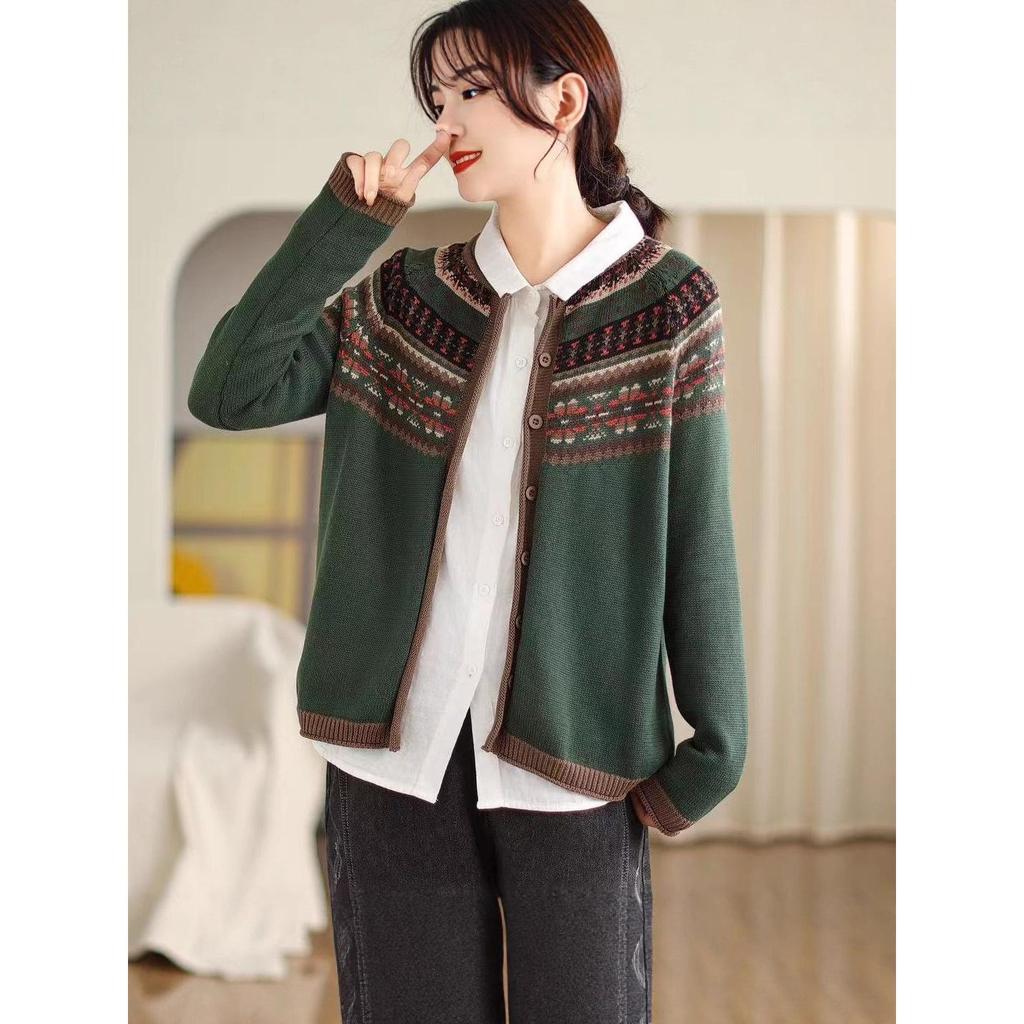 Women's Retro Ethnic Style Loose Knit Cardigan with Long Sleeves