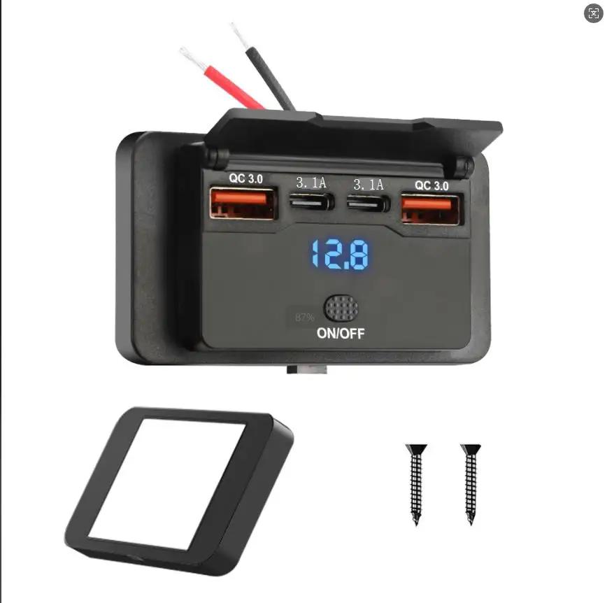 12V-24V Car Charger Outlet PD 30W and QC 3.0 18W USB C Dual Ports Fast Charging Socket Panel with Button Switch for RV Boat Car
