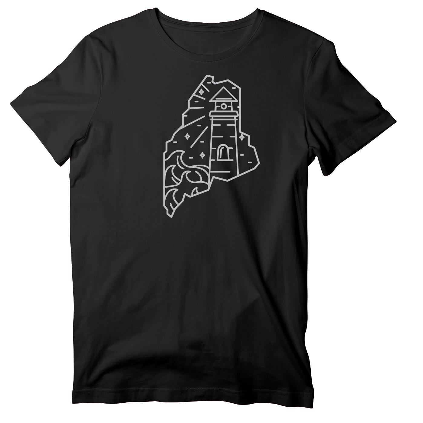 Maine Outline Lighthouse T-Shirt, Maine Vacation Short Sleeve T-shirt S