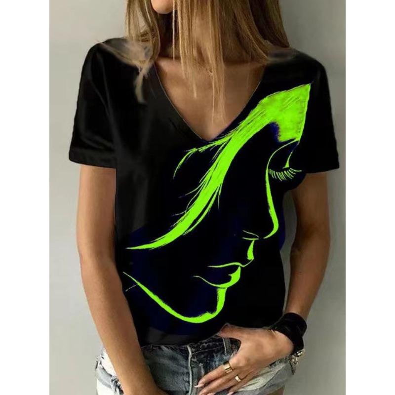 Summer V-neck 3D Simplified Avatar Printed Top Fashionable Casual Short Sleeved Women's T-shirts
