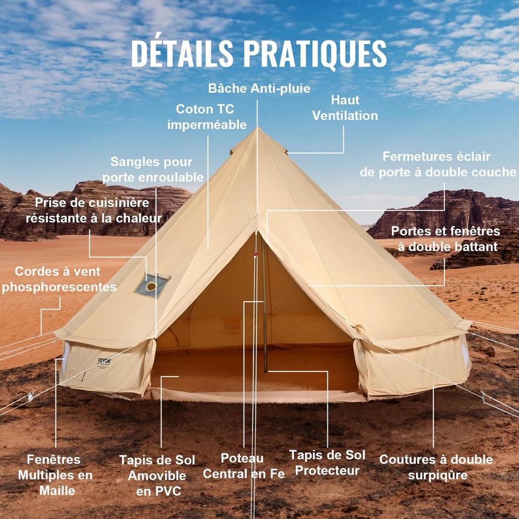 Canvas Bell Tent, 4 Seasons 4 M/13.12 Ft Yurt Tent, Canvas Tent for Camping with Stove Jack, Breathable Tent Holds Up To 6 People, Family Camping