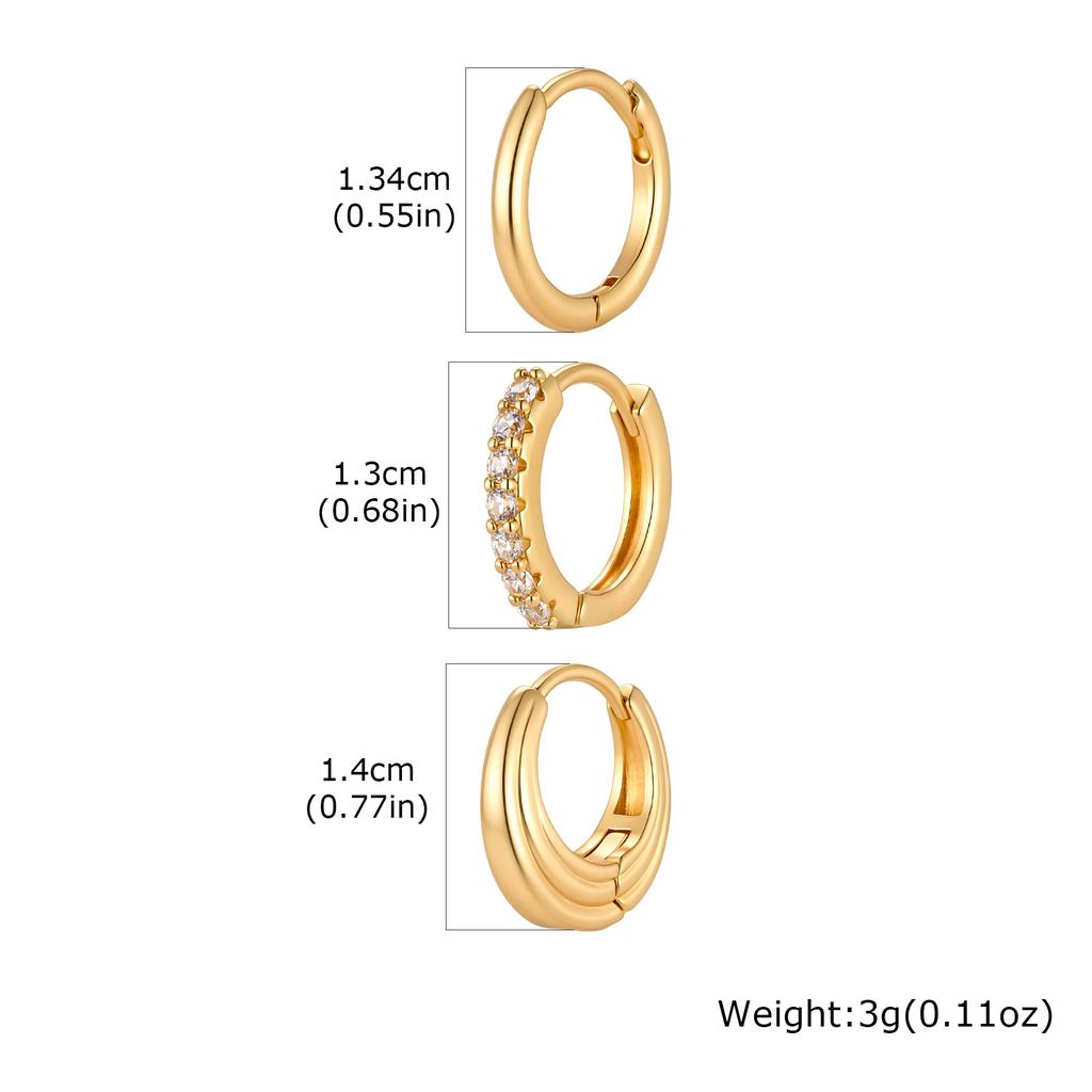 3 Pcs Gold Plated Hoop Set Earrings Zirconia Huggies Chunky Oval Stackable Women Hypoallergenic Helix Multiple Piercings