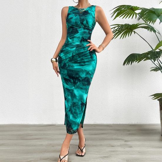 Dámské Bodycon Maxi Šaty Letní Bez Rukávů Řasené Vysoký Rozparek Tank Šaty Květinová Síťovina Plážová Dovolená Večerní Šaty