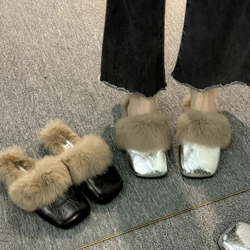 2025 Women's Autumn and Winter New Flat-bottomed Mao Mao Shoes with One Foot, Muller Mao Mao Slippers Ins Bag Head and Half Slippers Outside Wear