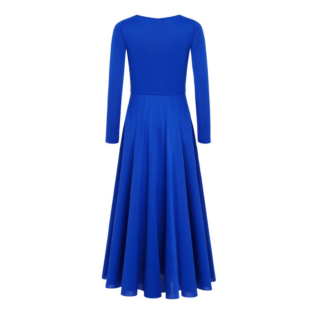 Glittery Rhinestone Church Choir Dress for Girls: Round Neck Long Sleeve A-line Maxi for Liturgical Worship Dance