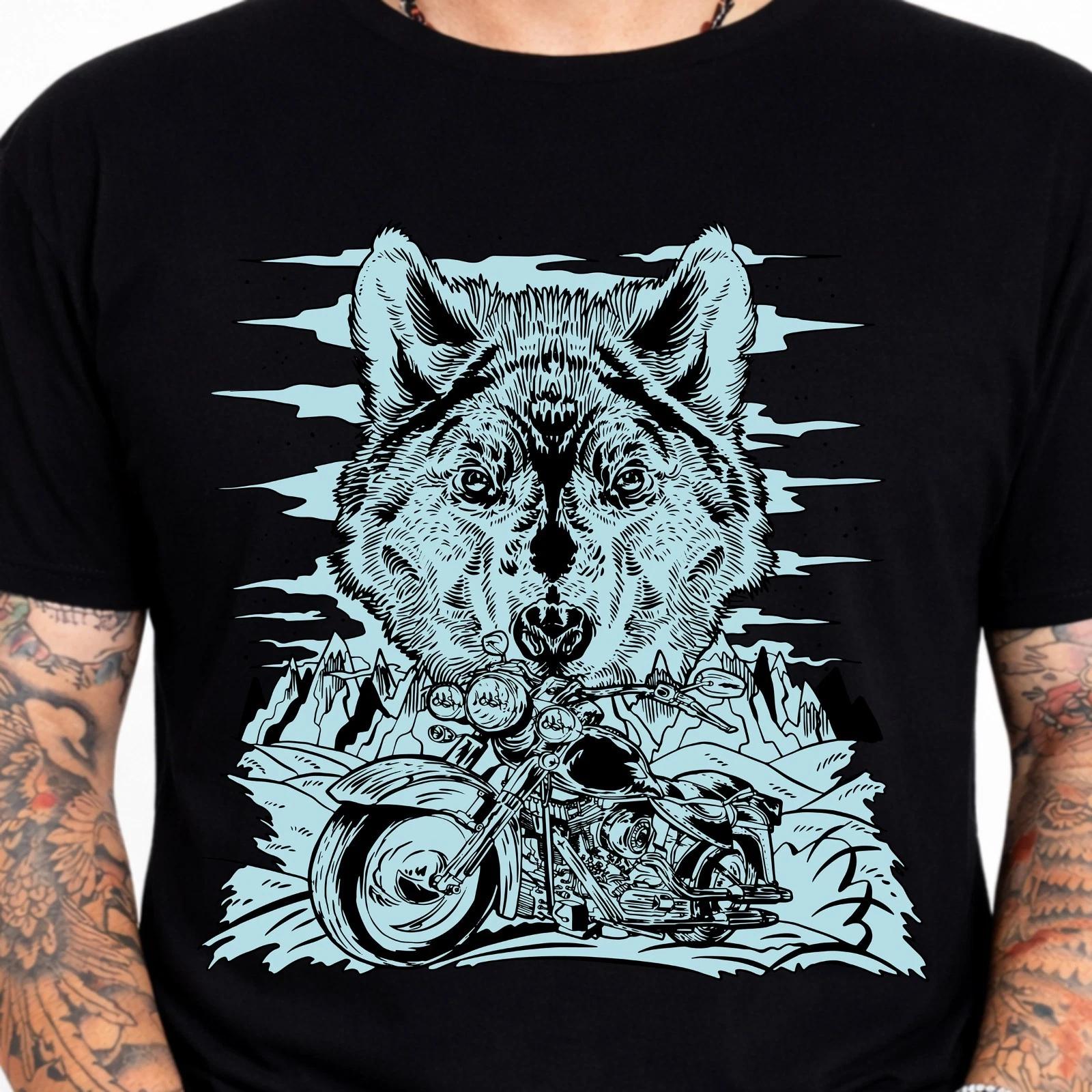 Wolf Motorcycle Graphic Tee Biker Wolf Mountain Rider Wildlife Gift Shirt. L