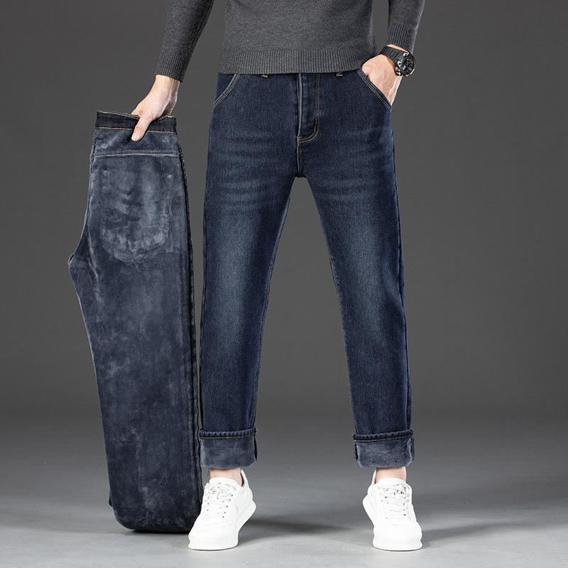 Autumn And Winter Elastic Fleece Warm Jeans Men'S Business Loose Straight Leg Pants Winter Casual Plus Plus Size Men'S Pants