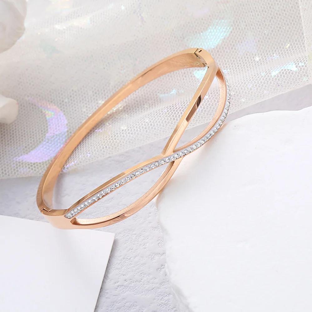 

Fashion Zircon Cross Stainless Steel Bangles Bracelets for Women Gold Plated Waterproof Jewelry Accessories 58-60mm