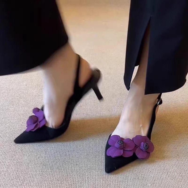 Back space buckle with pointed toe high heels 2025 new French temperament beautiful flower thin heel toe sandals for women