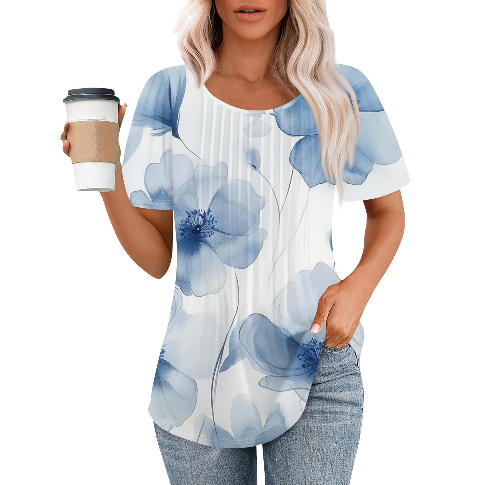 

Women s Fashionable Casual Pleated Round Neck Striped Flower Printed Short Sleeved T Shirt Top M розовый