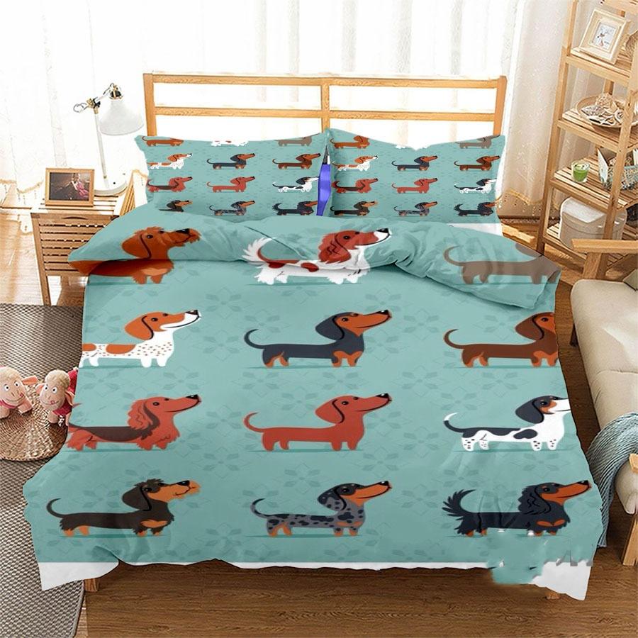 3D Digital Printing Three-Piece Set Cute Funny Dachshund Quilt Cover Pillowcase Bedding