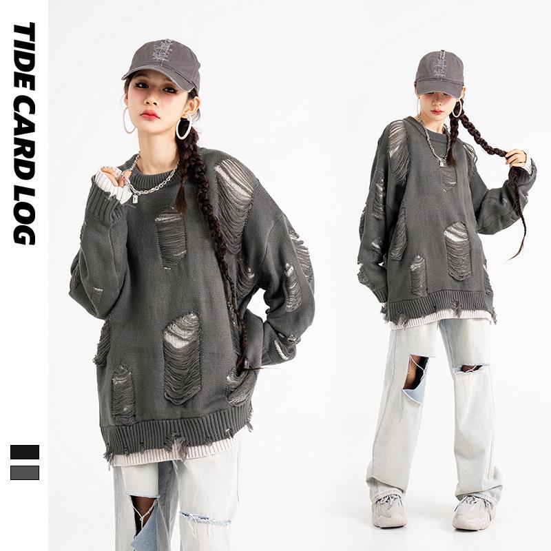 TIDE CARD LOG Nadměrný roztrhaný streetwearový svetr ve stylu dvoudílného kompletu pro muže a ženy