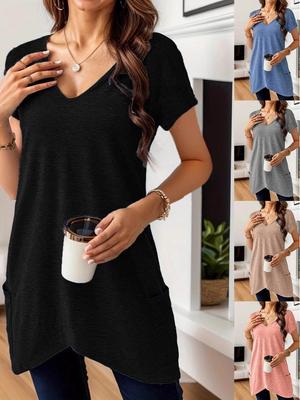 2025 Spring/Summer Women's Solid V-neck Pocket Casual Fashion T-shirt Top