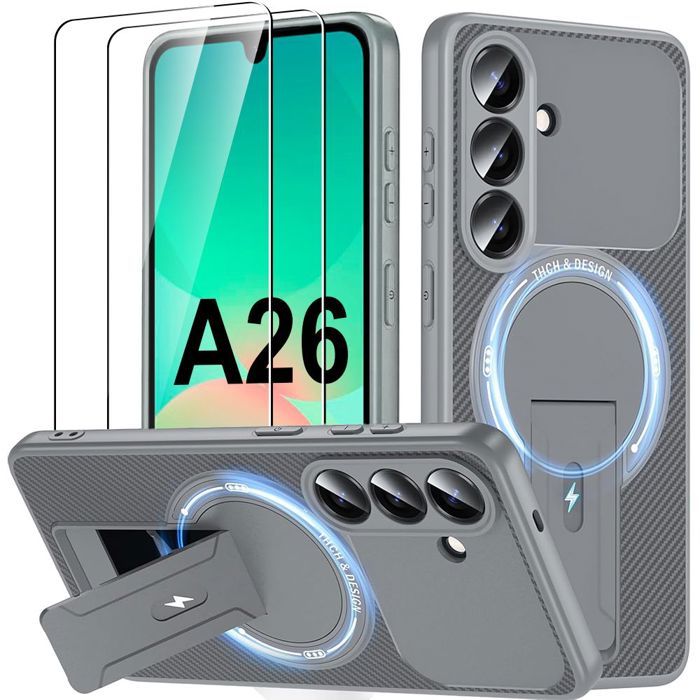 Coque + 2 Verres Trempés pour Samsung Galaxy A26 5G, Antichoc avec Cercle Magnétique et Support Gris