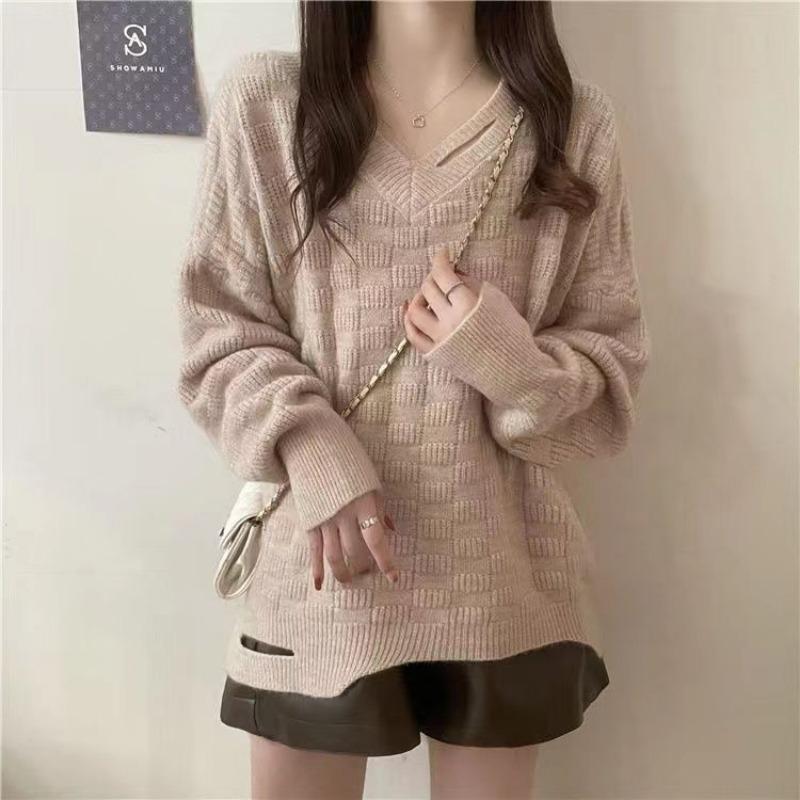 Autumn Winter V-neck Loose Casual Hole Sweater Women Solid Color Simple All-match Irregular Knitting Pullover Top