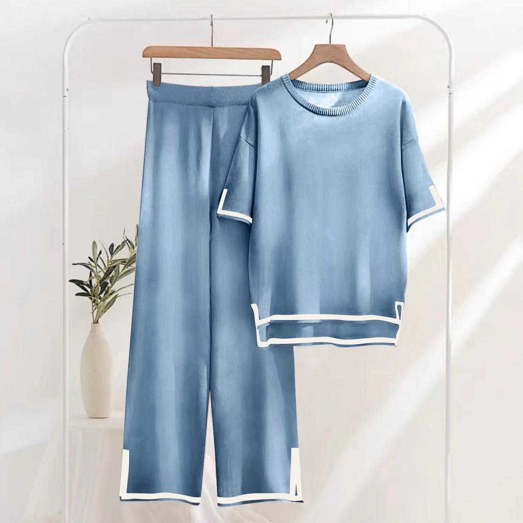 Womens Knit 2 Piece Sweater Sets Short Sleeve Pullover Tops Elastic Waist Wide Leg Pants Women Set
