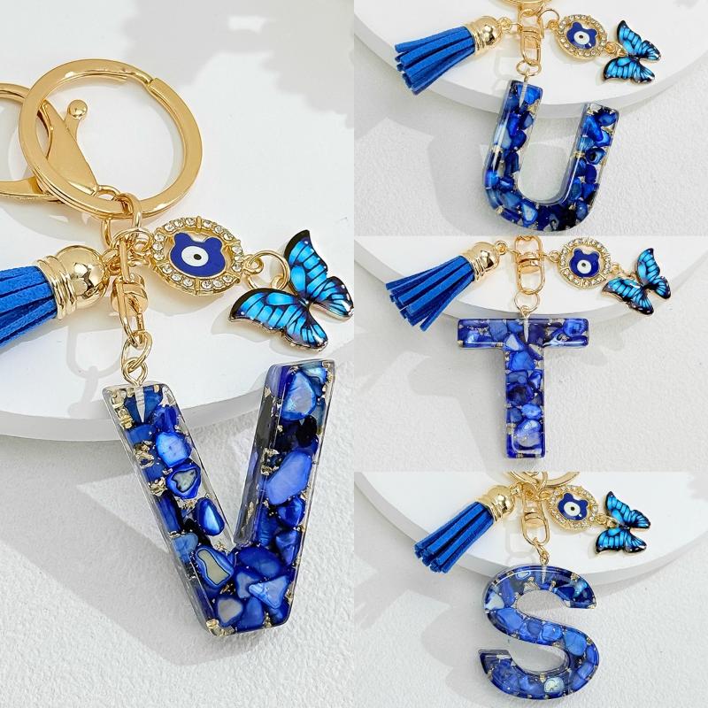 Fashion Blue Glazed Stone A To Z Letter Keychain 26 Initials Alphabet Butterfly Tassel Pendant Car Keyring Women Jewelry Gifts