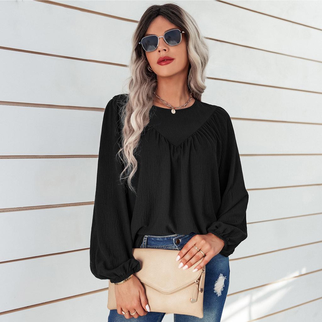 Women Autumn Solid Color Round Neck Pullover Loose Long Sleeve T Shirt Top