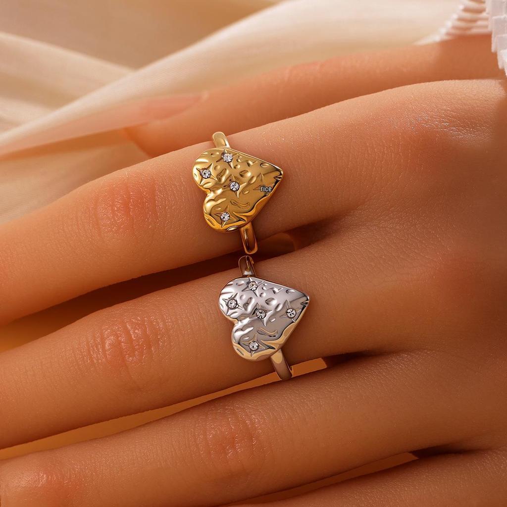 Stainless Steel Heart Ring with Rhinestone and Irregular Texture - Sweet Academy Style for Women