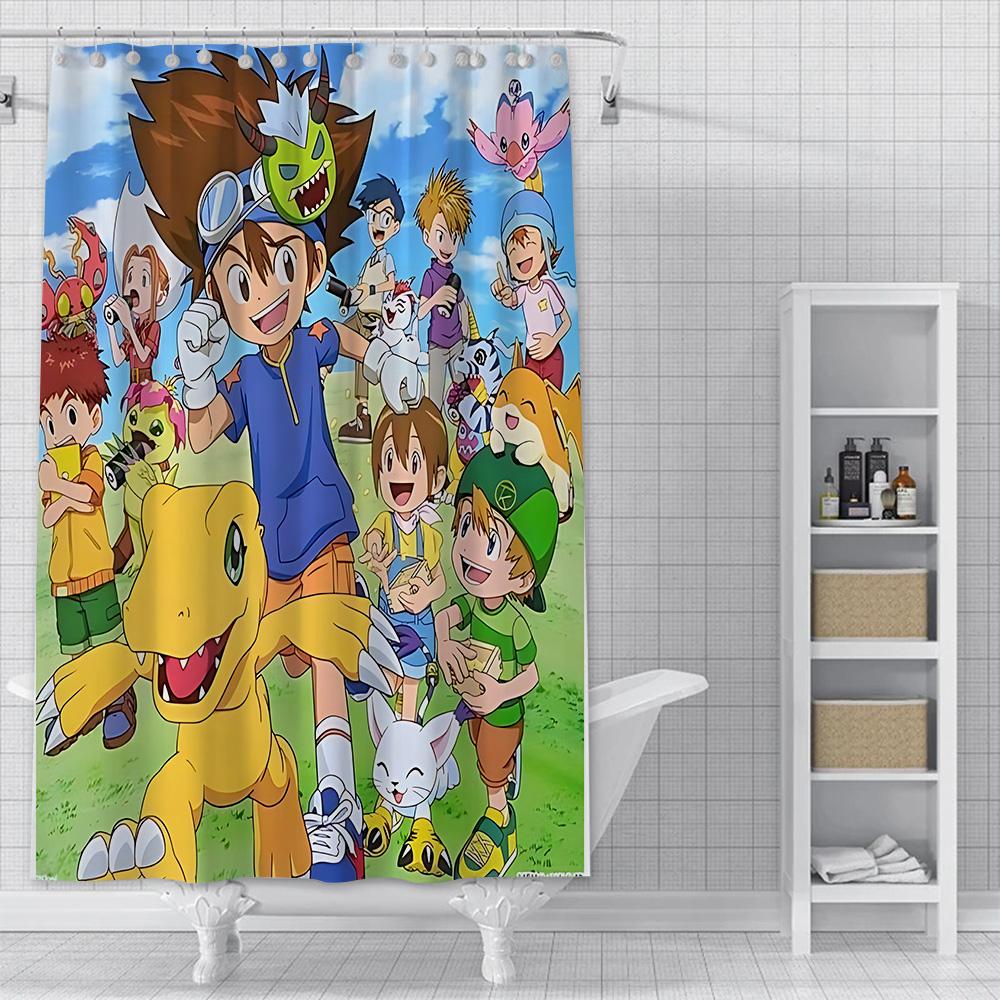 Shower Curtain Waterproof Polyester Fabric Paint Colorful Curtains Cute Digimon Playmats Greymons Home Bathroom Decor  With Hook