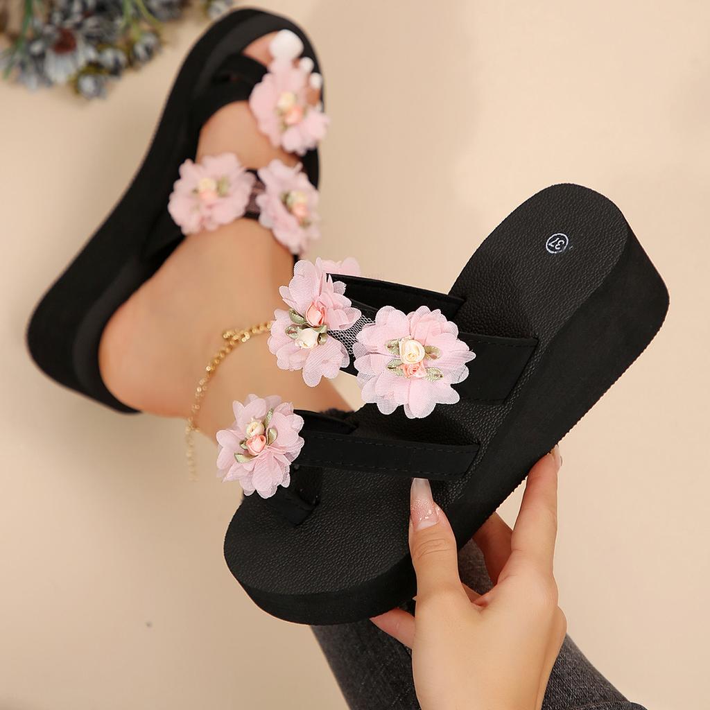Fashion Brand Designer Mesh Floral Decoration Flip Flops Women 2025 Summer Black Wedge Heels Outdoor Slippers Casual Beach Sandals