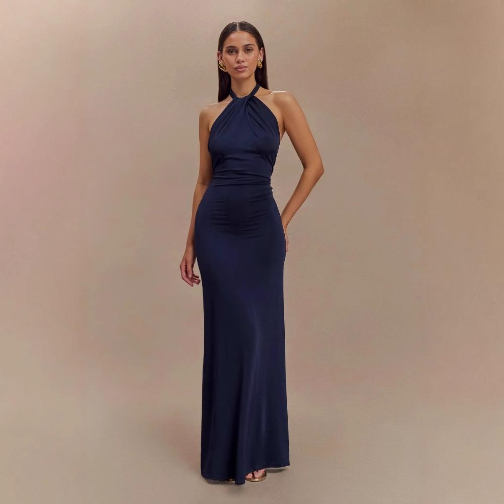 Abito Maxi da Donna con Scollo all'Americana Senza Maniche Bodycon Vita Alta Elegante Pieghettato Monocolore Formale Sirena